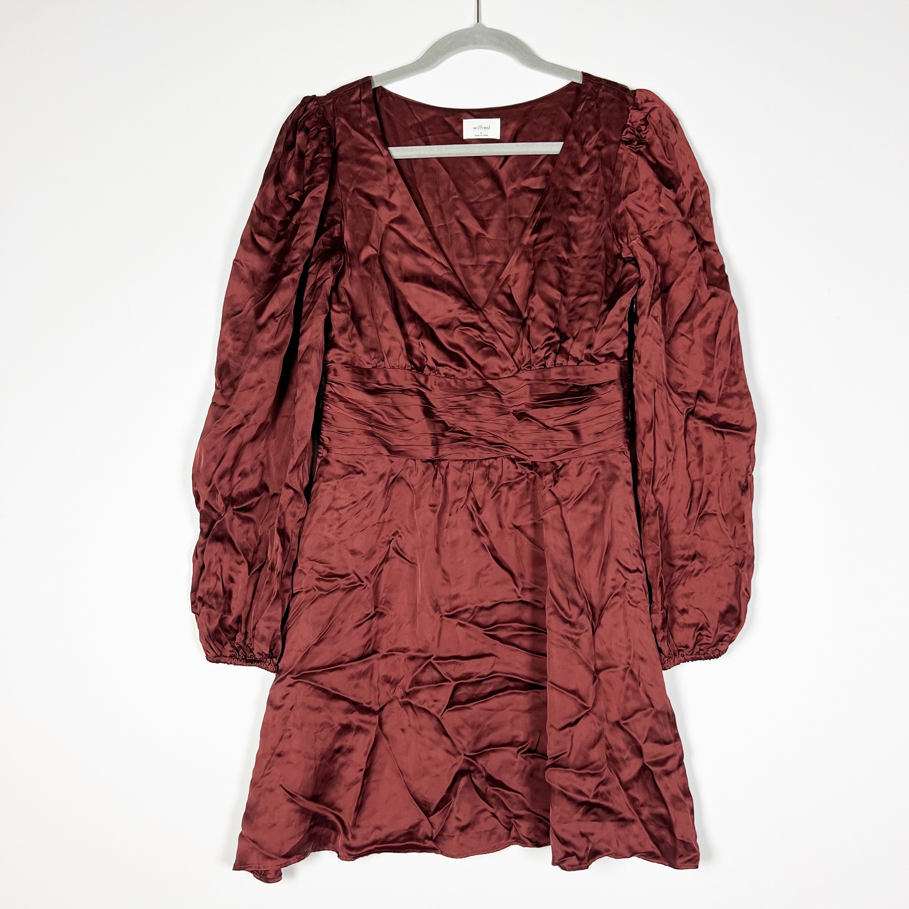 Wilfred Aritzia Truffle Rhythm Ruched V Neck Long Sleeve Satin Mini Dress Rust 4