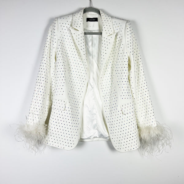 Akira White Bridal Bride Crystal Jewel Diamond Embellished Feather Blazer Jacket