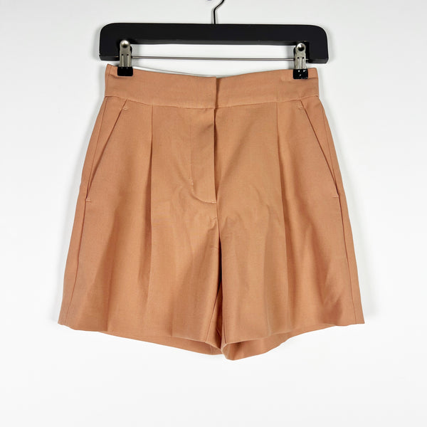 Wilfred Aritzia Ibiza High Waisted Pleated Suiting Mini Shorts Gold Camel Tan 0