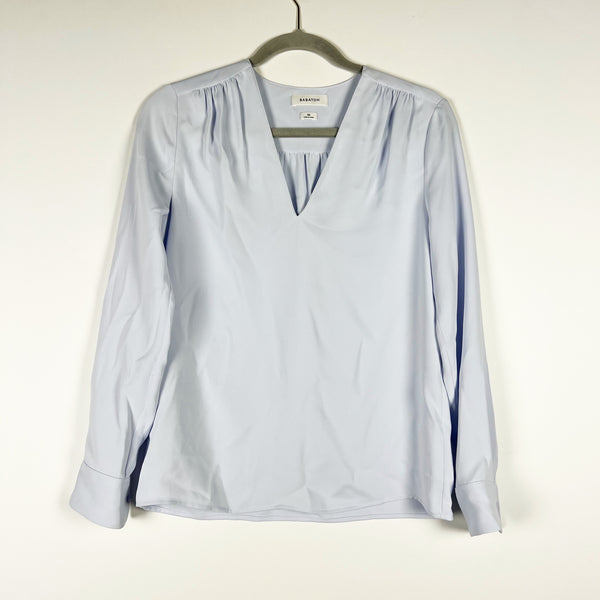 Babaton Aritzia Eloquent Matte Satin V Neck Pop Over Long Sleeve Shell Blouse XS