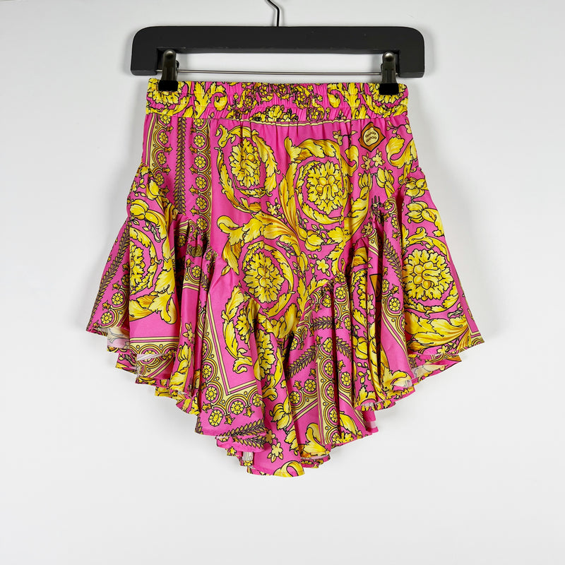 Akira Basque Waist Yellow Pink Paisley Floral Print Pattern Chiffon Mini Skirt S