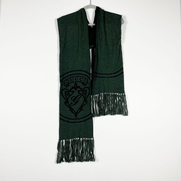 Gucci Made In Italy Wool Knit Stretch Fringe Tassel Logo Print Shawl Wrap Scarf