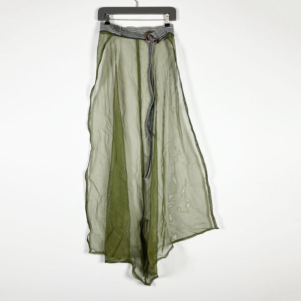 Tila & The Textiles Sheer Chiffon Tulle Mesh D Ring Belted Midi Skirt Green