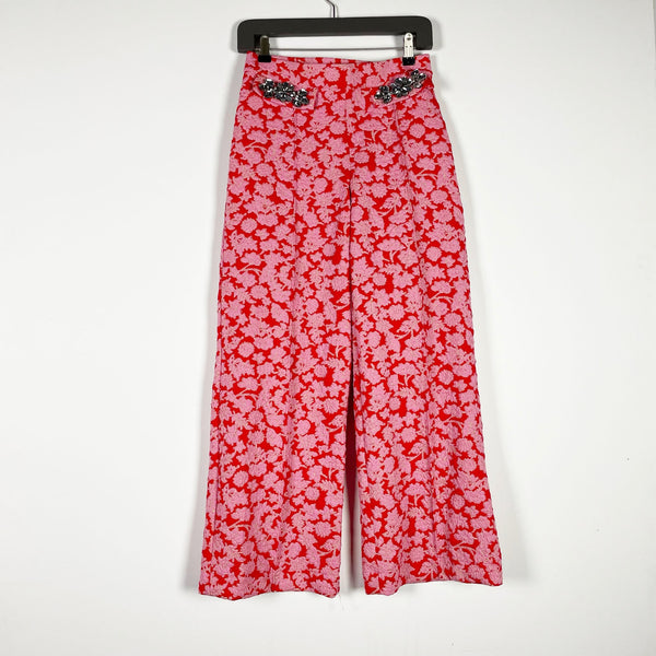 NEW Zara Pink Red Metallic Jacquard Floral Flower Print Crystal Pocket Pants S