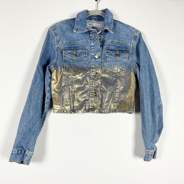 NEW Zara Cotton Metallic Spray Painted Button Front Collared Denim Jean Jacket S