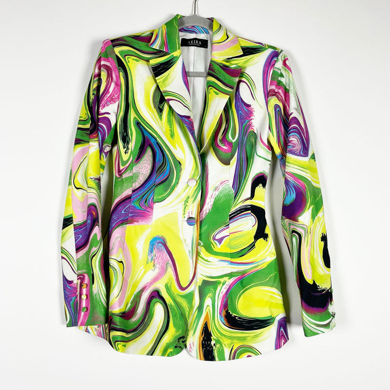 Akira Dreamland Paint Abstract Swirl Print Patten Collared Blazer Jacket Small