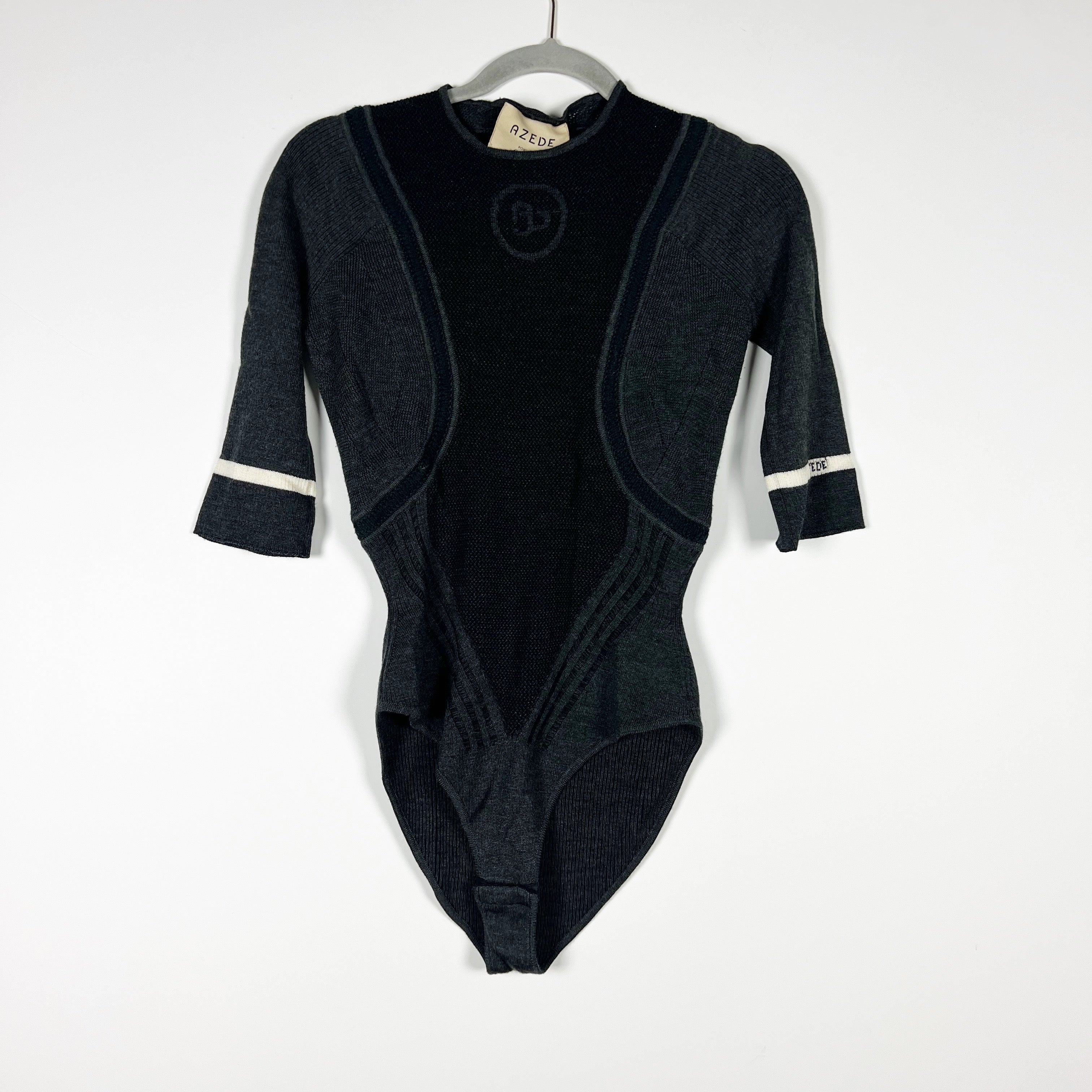 Azede x Gucci Powered By Bodysuit Wool Silk Knit Stretch Bodysuit Black Gray S