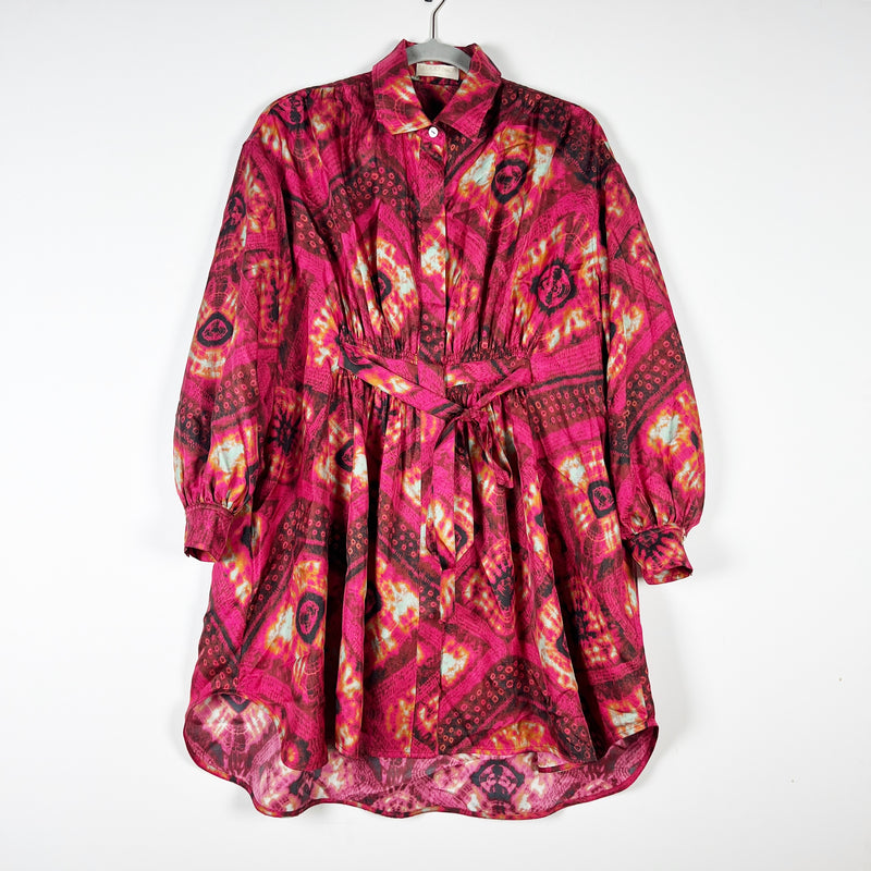 Ulla Johnson Jude Silk Satin Abstract Print Pattern Collared Mini Shirt Dress 0