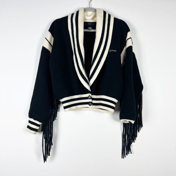 Alanui Wool Cashmere Blend Stretch Knit Fringe Varsity Cardigan Sweater Black S