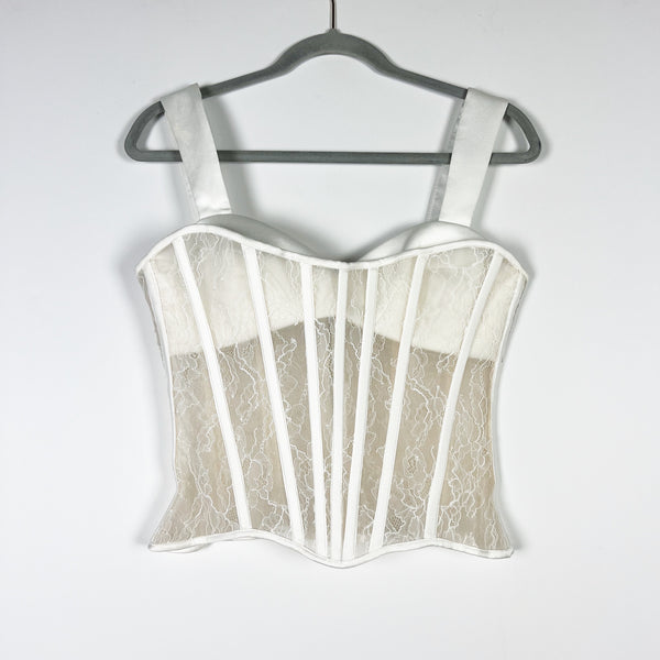 Rozie Corsets Corded Allover Sheer Lace Bustier Corset Satin Trim Tank Top White