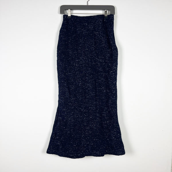 Jeune Otte Margo Wool Boucle Stretch Knit Fit Flare Mermaid Midi Skirt Blue 4