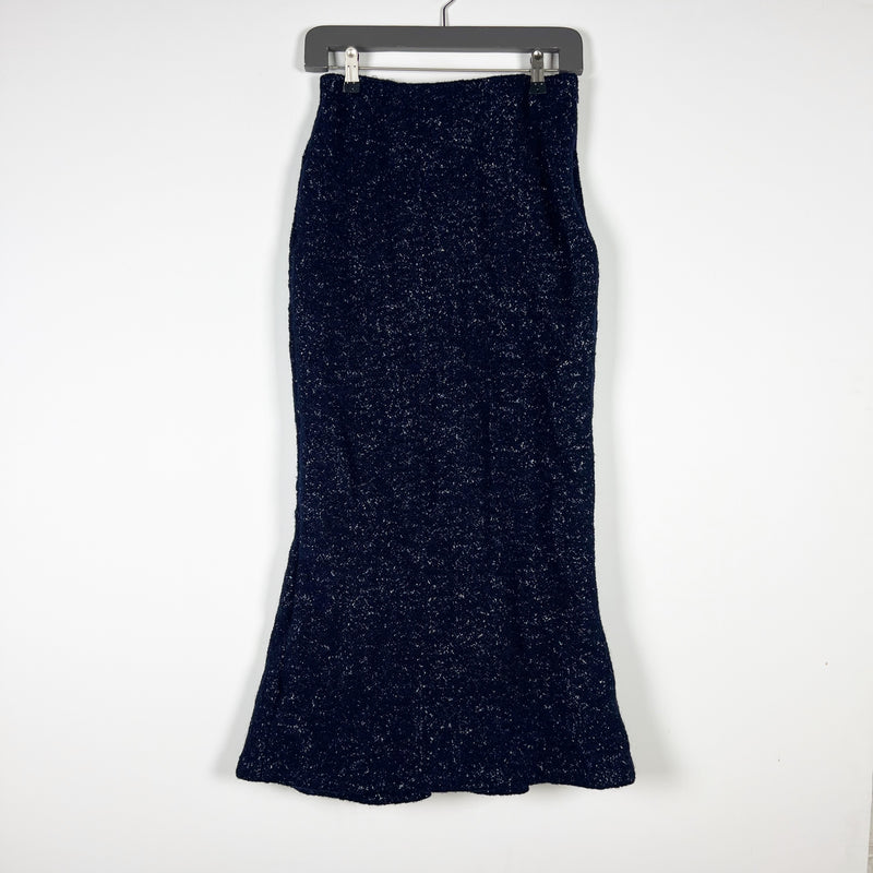 Jeune Otte Margo Wool Boucle Stretch Knit Fit Flare Mermaid Midi Skirt Blue 4