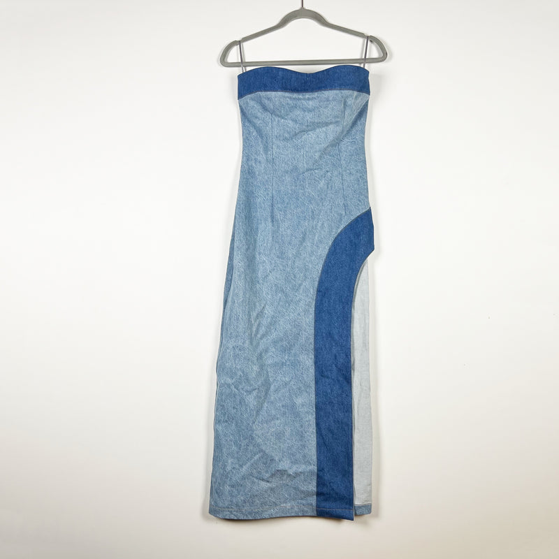 Cekette Show Off Cotton Denim Jean Cut Out Strapless Midi Dress Blue Medium