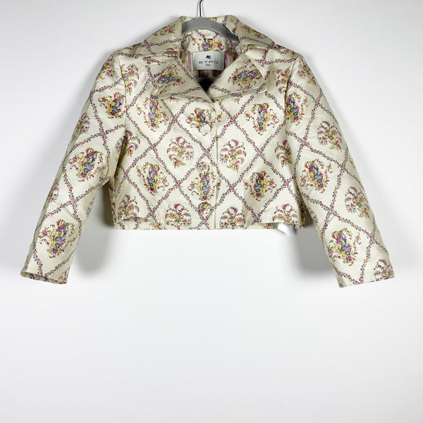 Etro Garden Party Trellis Brocade Embroidered Floral Print Sateen Cropped Jacket