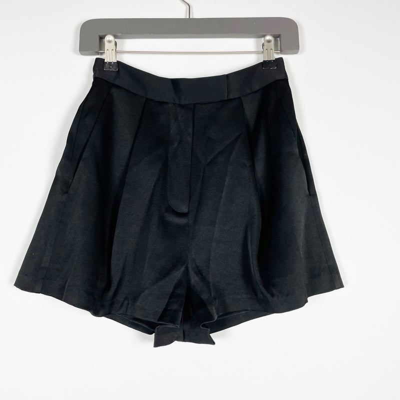 Alex Perry Porter Tailored Satin High Rise Pleated Wide Leg Mini Shorts Black 6