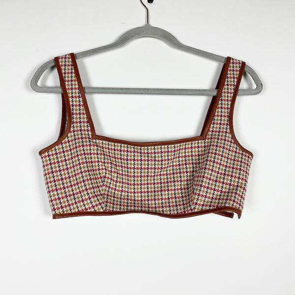 Rosetta Getty Houndstooth Woven Pattern Leather Trim Square Neck Cropped Top S