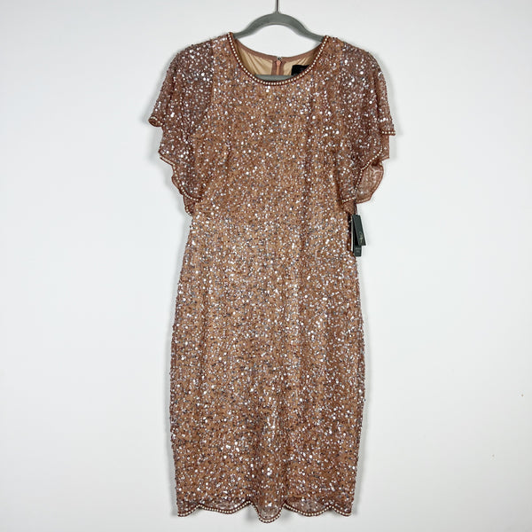 NEW Adrianna Papell Short Flutter Sleeve Sequin Pearl Beaded Rose Gold Dress 6