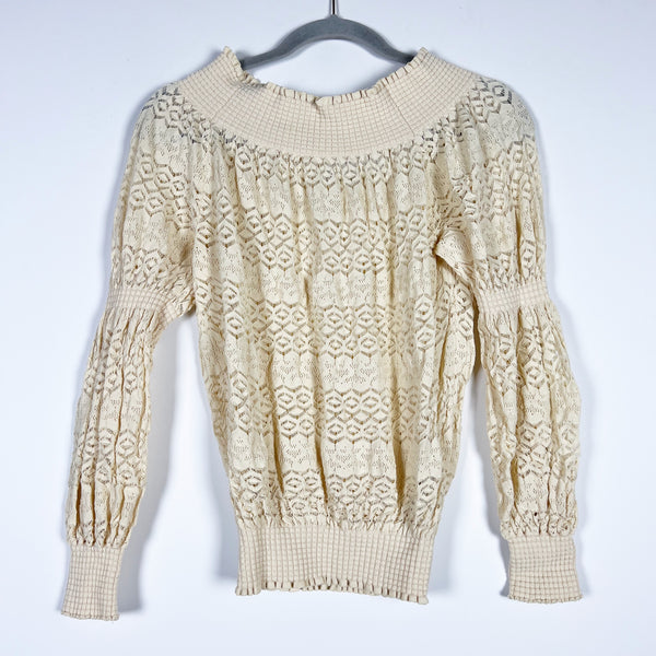 Zara Semi Sheer Crochet Knit Smocked Collar Waist Sweater Blouse Oatmeal Beige M