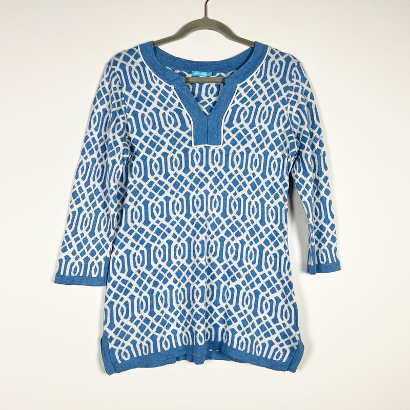 J. Mclaughlin Cotton Modal Stretch Knit Blue White Printed Tunic Sweater Medium