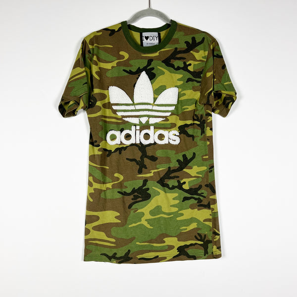 Adidas Women's Cotton Crew Neck Beaded Embellished Logo Camo Print Tee Shirt S