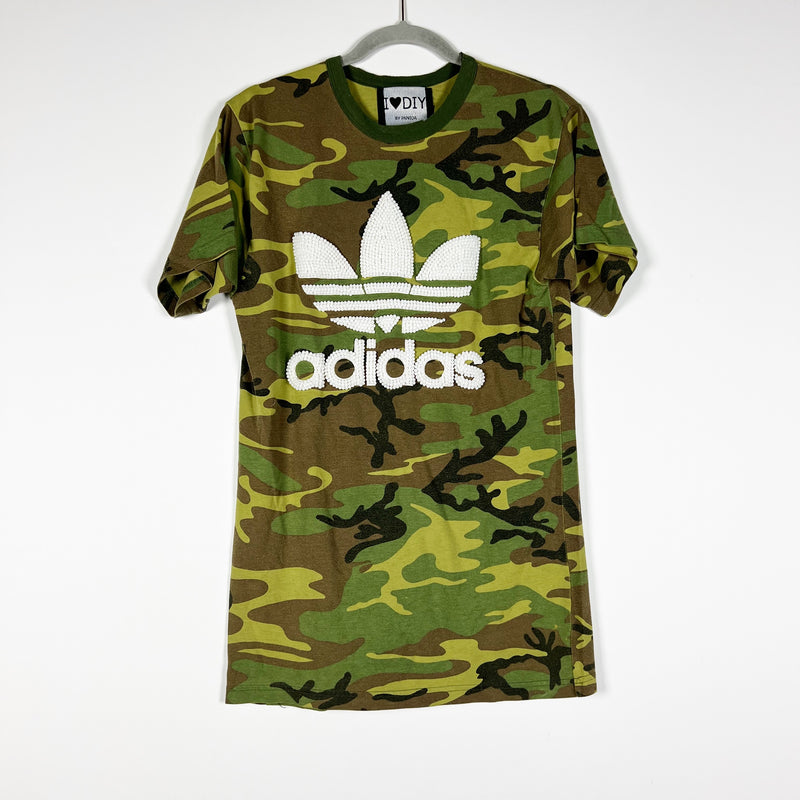 Adidas Women's Cotton Crew Neck Beaded Embellished Logo Camo Print Tee Shirt S