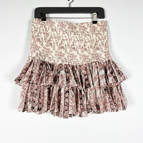 Isabel Marant Naomi Cotton Smocked Stretch Frill Ruffle Mini Skirt Pink Floral