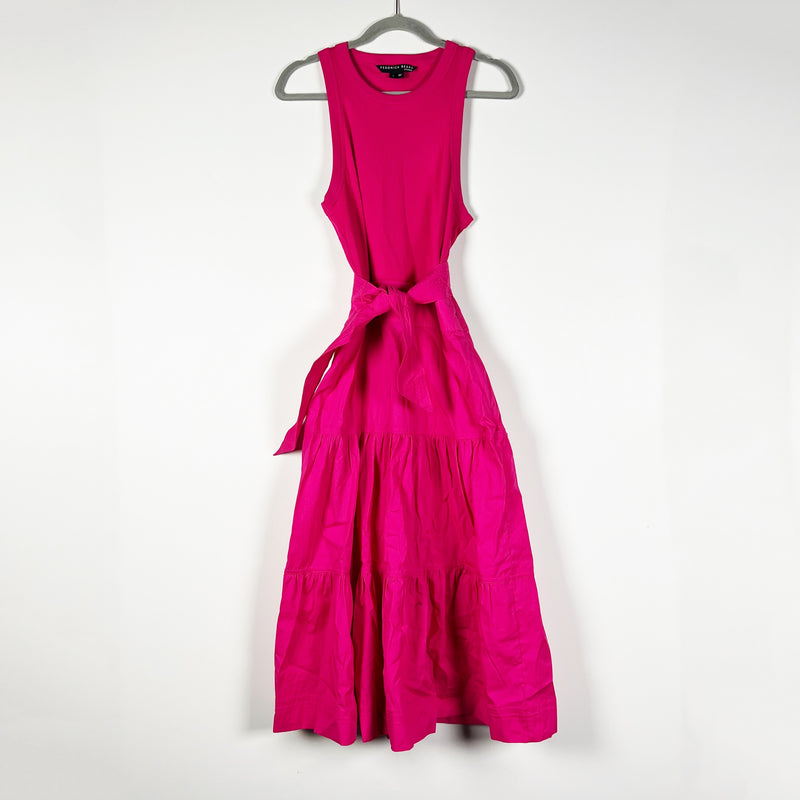 Veronica Beard Jean Austyn Cotton Poplin Ribbed Belted Tiered Midi Dress Fuchsia