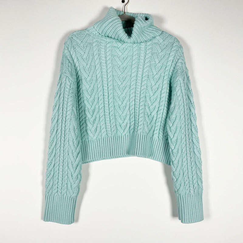 Alice + Olivia Nance Wide Sleeve Cable Knit Wool Turtleneck Sweater Julep Blue