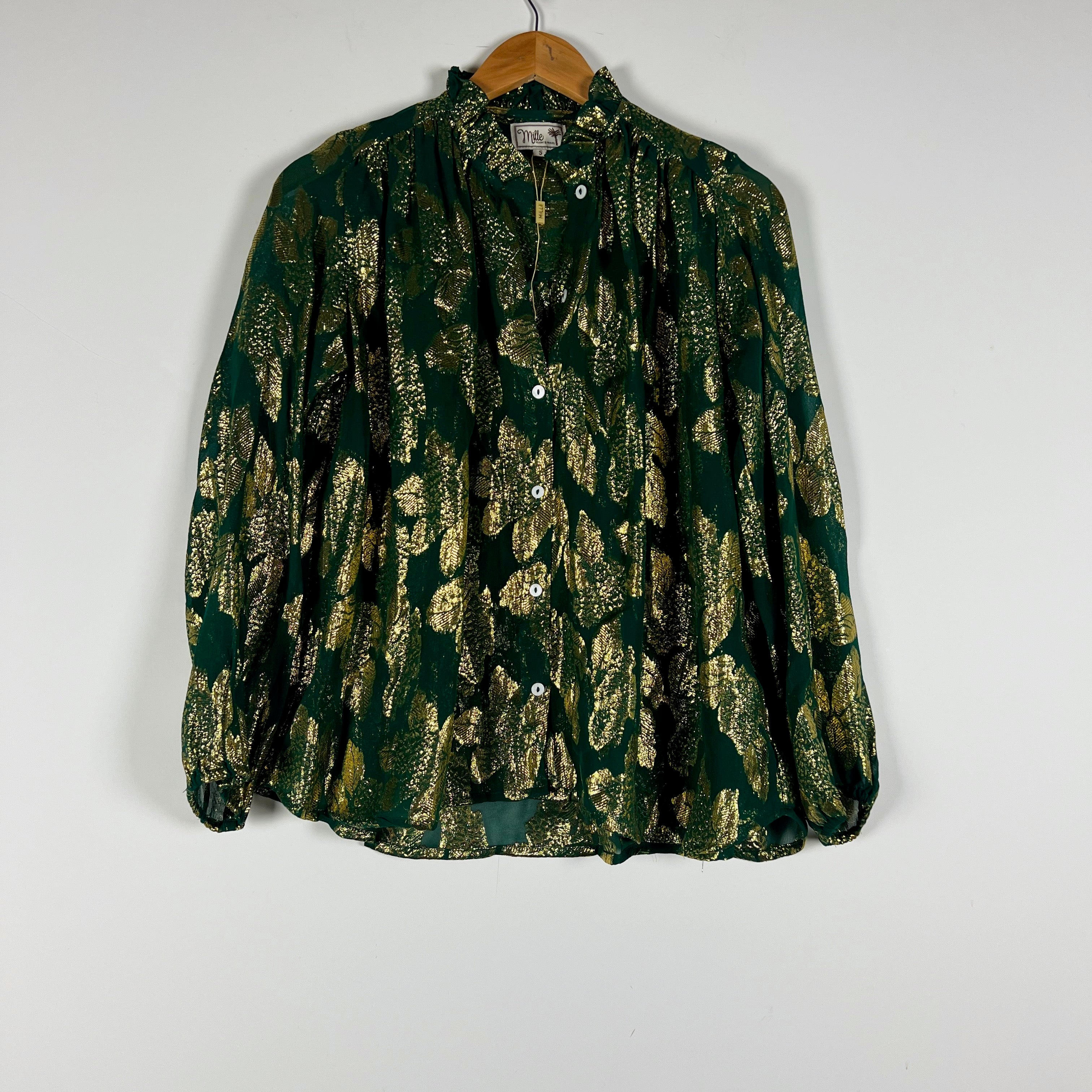 Mille Francesca Silk Chiffon Ruffle Collar Malachite Shimmer Gold Blouse Shirt S