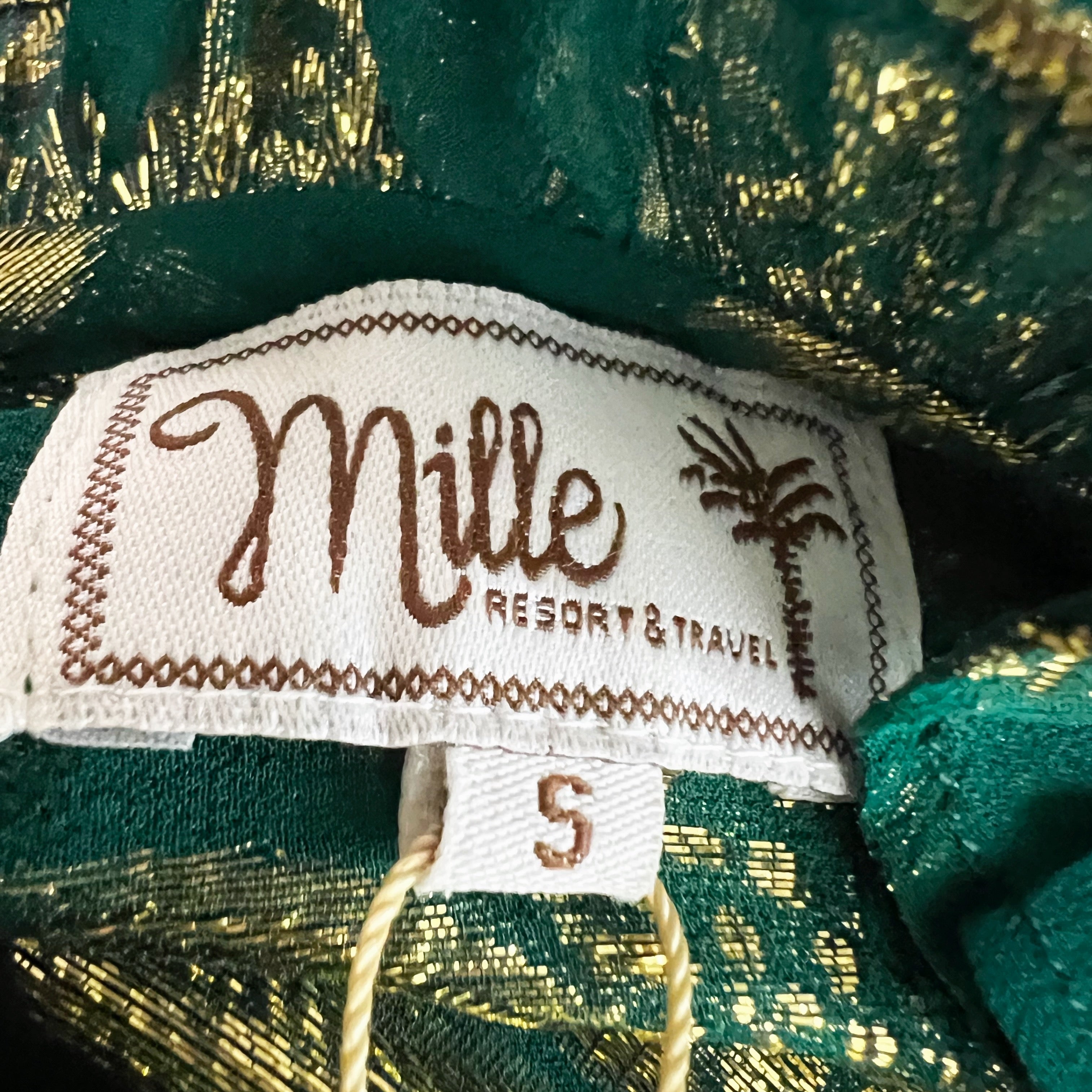 Mille Francesca Silk Chiffon Ruffle Collar Malachite Shimmer Gold Blouse Shirt S