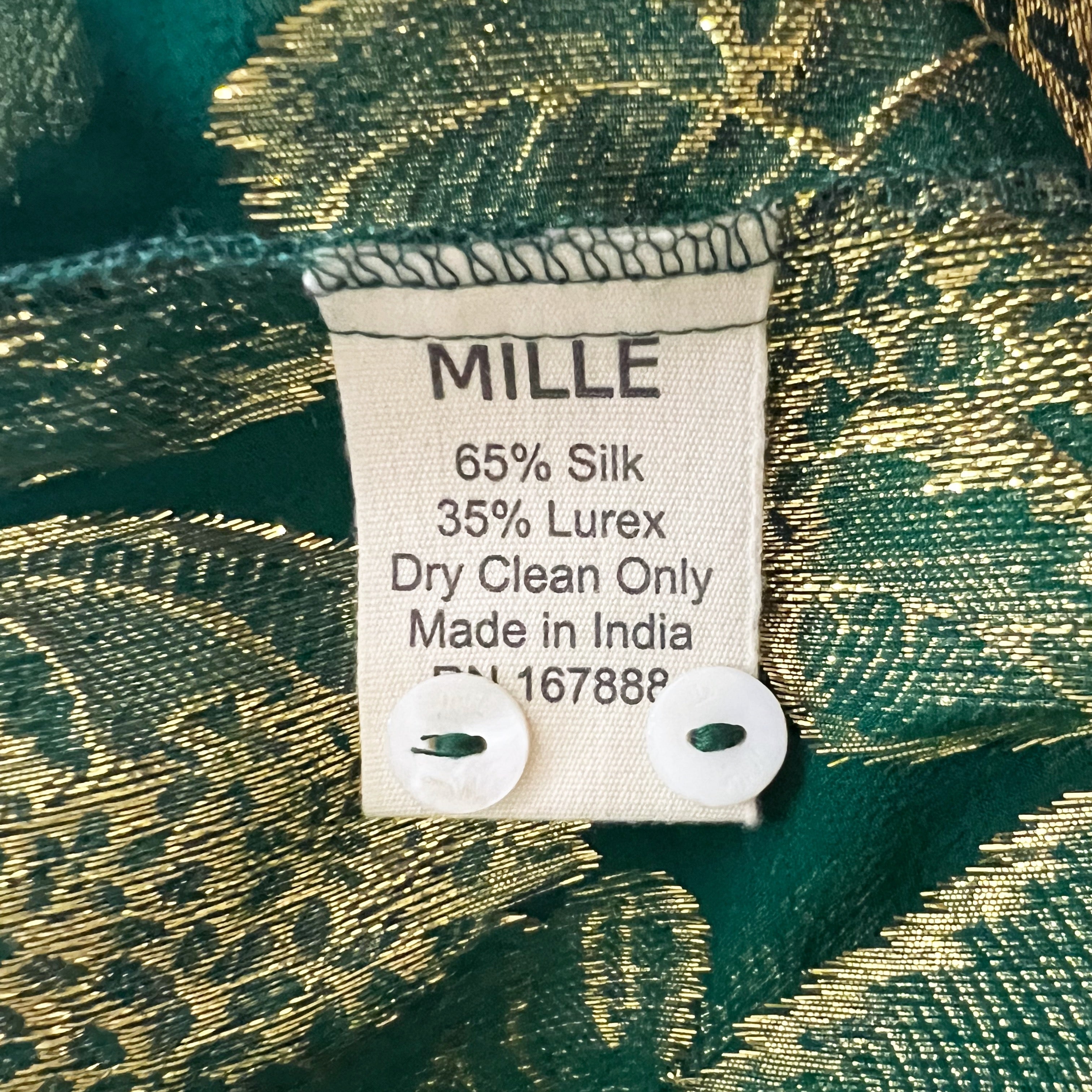 Mille Francesca Silk Chiffon Ruffle Collar Malachite Shimmer Gold Blouse Shirt S