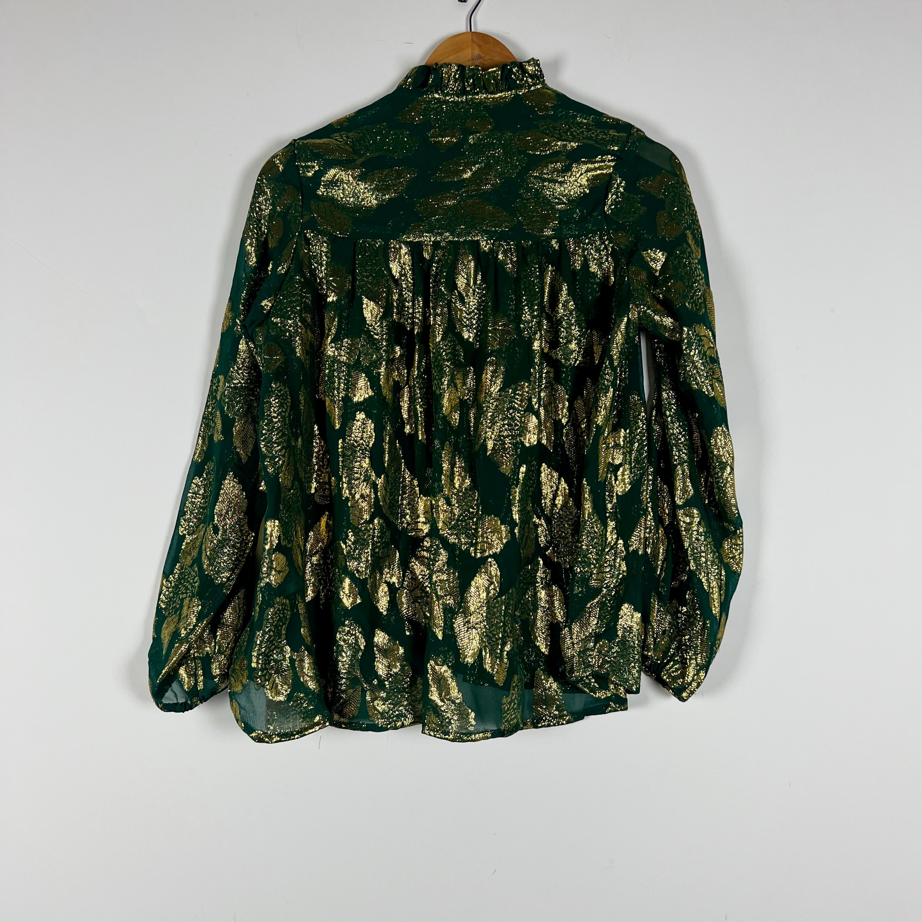 Mille Francesca Silk Chiffon Ruffle Collar Malachite Shimmer Gold Blouse Shirt S