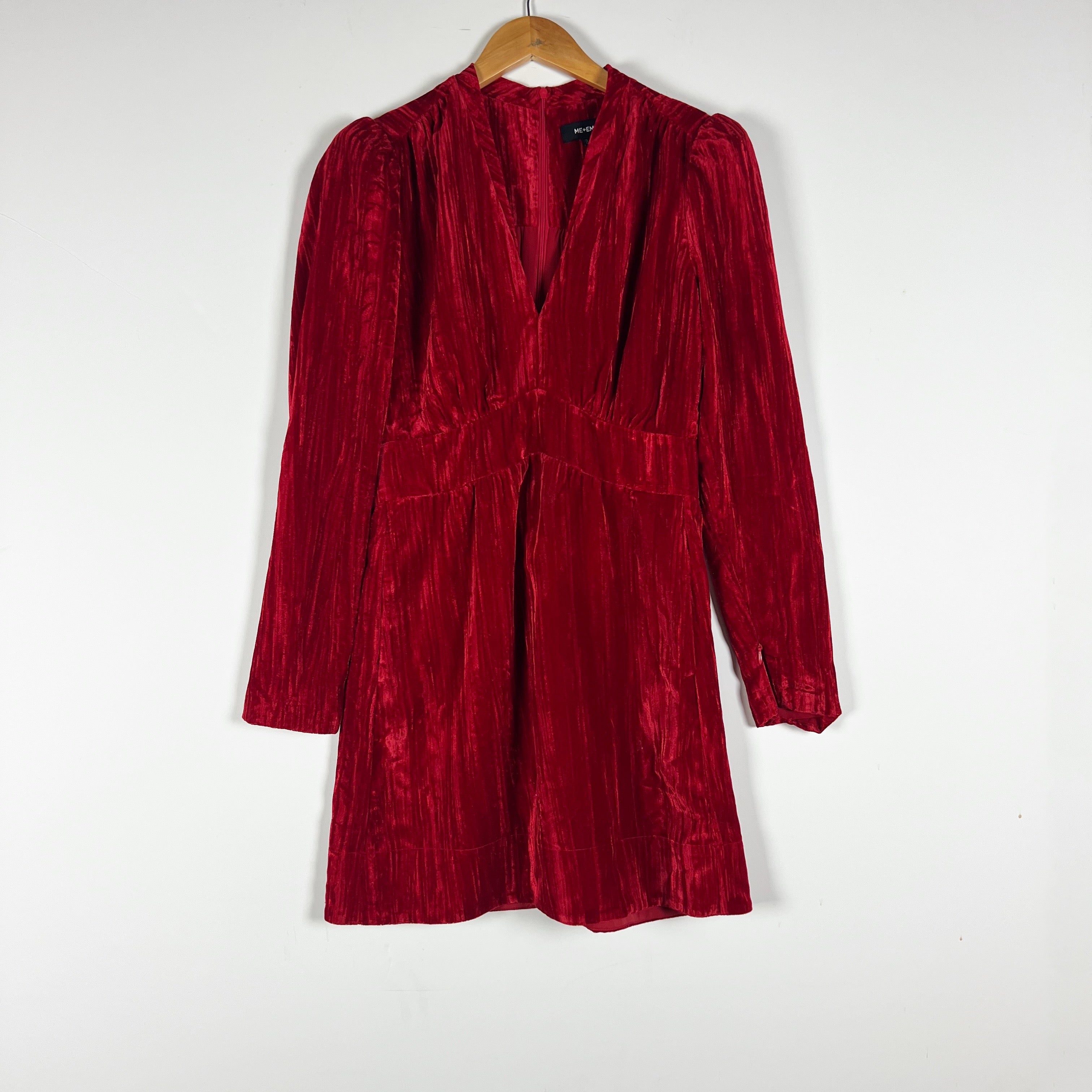 ME+EM Crushed Red Velvet Velour V Neck Long Sleeve Pullover Mini Dress 4