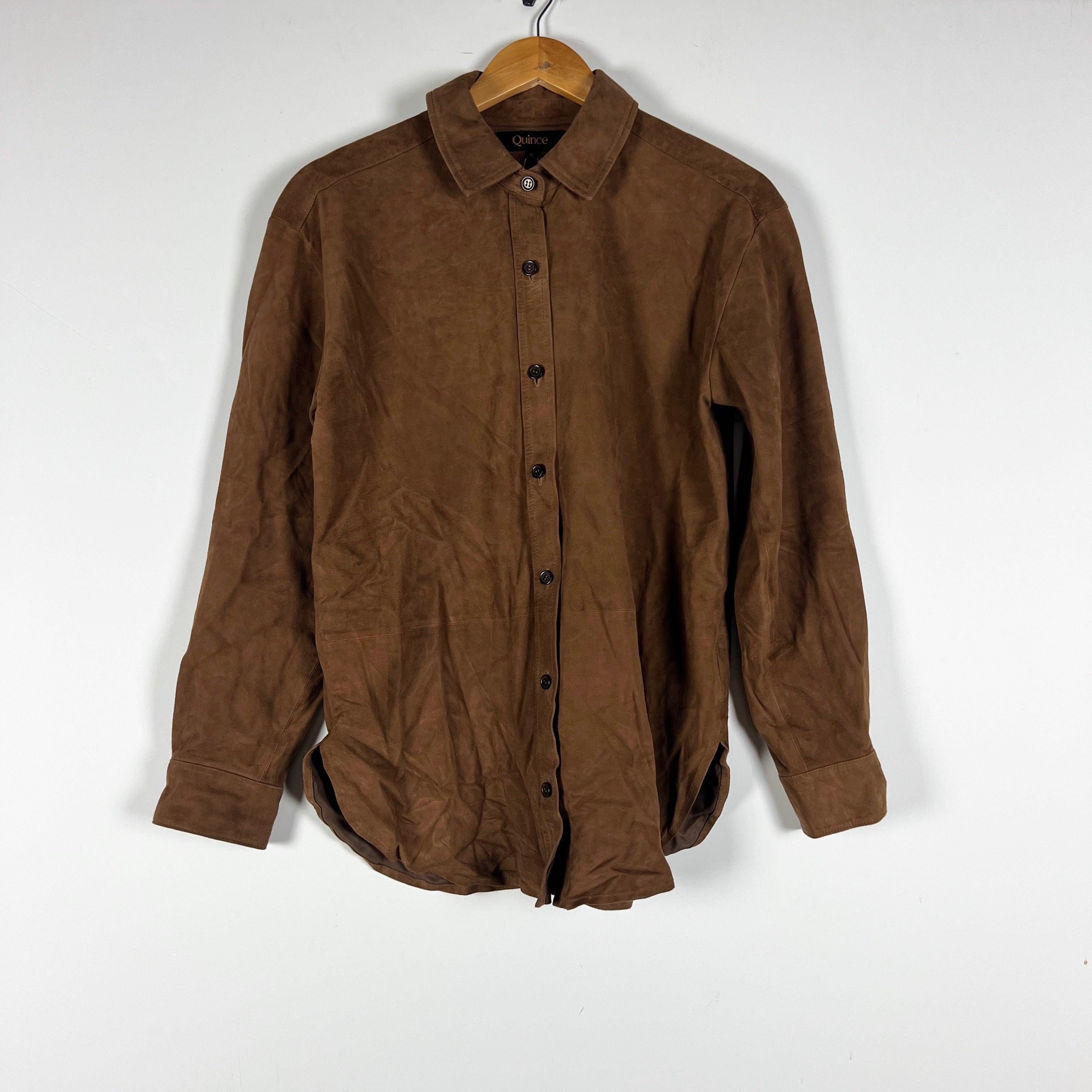 NEW Quince 100% Genuine Suede Collared Button Down Shirt Dark Chestnut Brown S