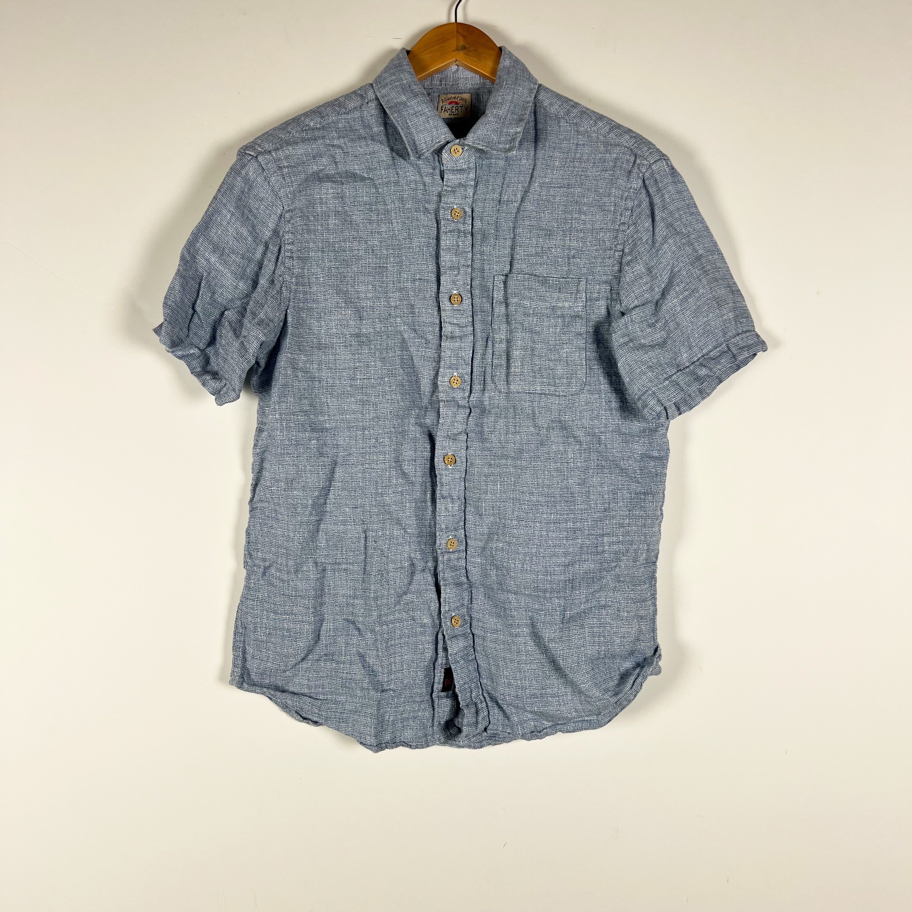 Faherty Men's Short Sleeve Palma Linen Button Down Collar Shirt Blue Basketweave