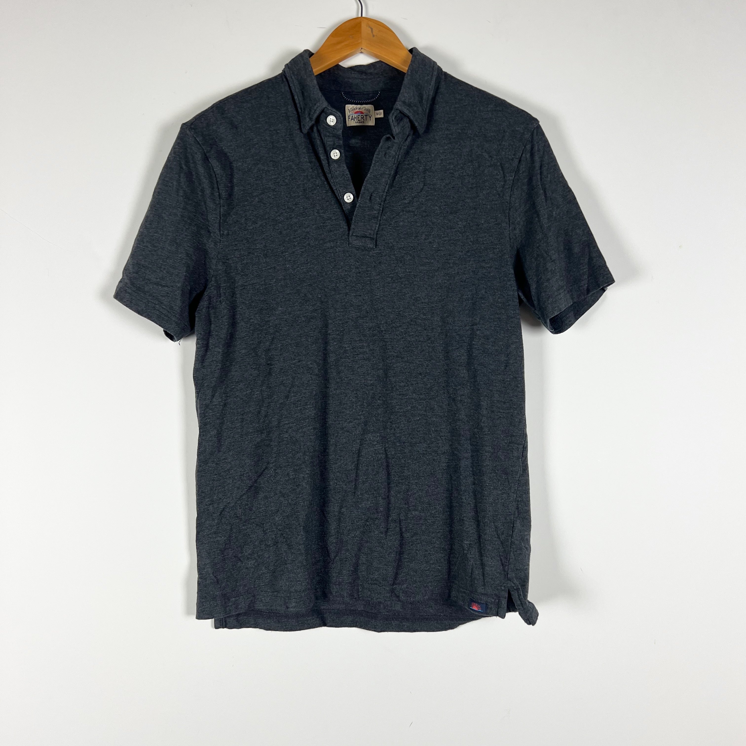 Faherty Men's Sea Navy Melange Movement Short Sleeve Collared Polo Shirt Medium