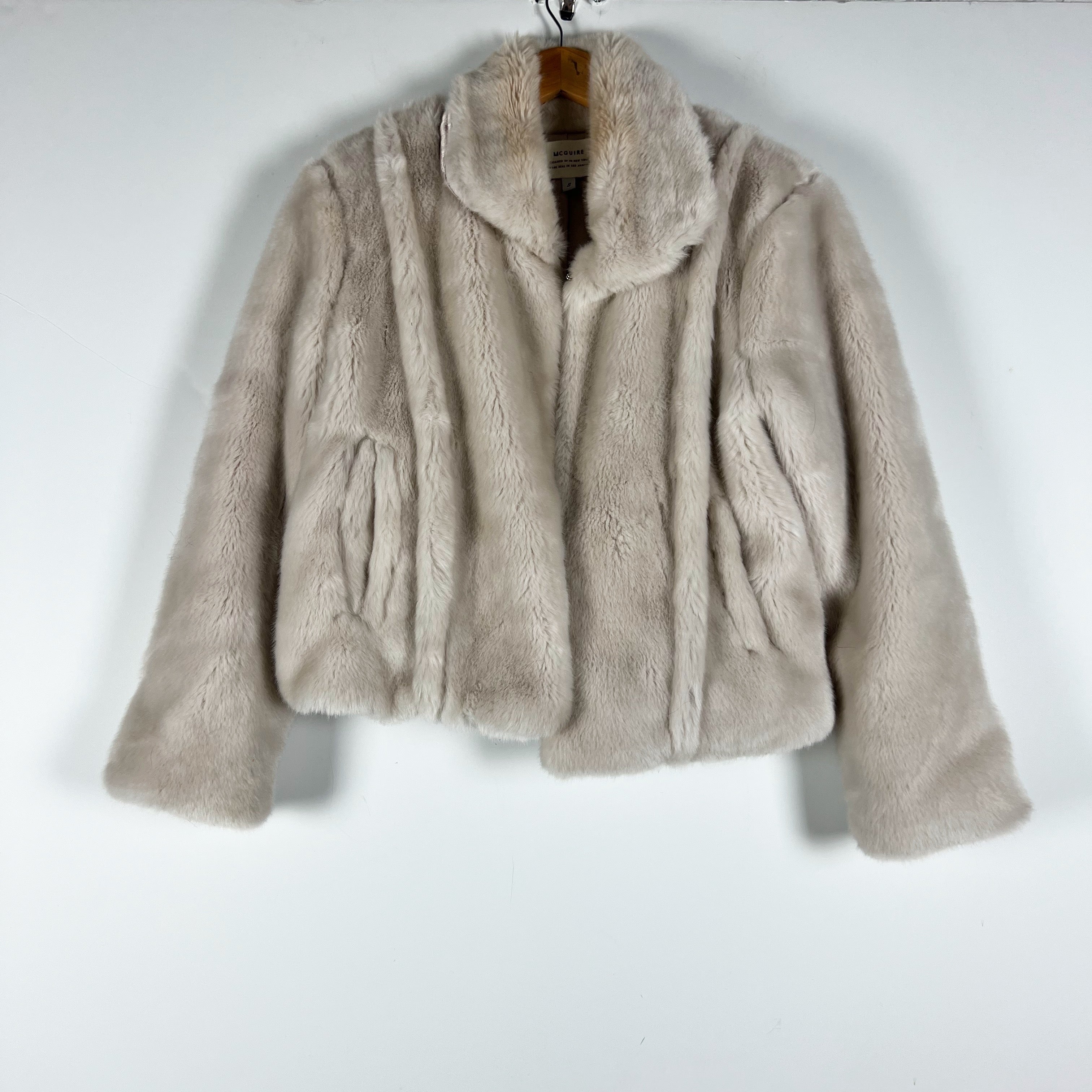MCGUIRE Gigi Faux Vegan Fuzzy Fur Collared Jacket Coat Misty Neutral Small