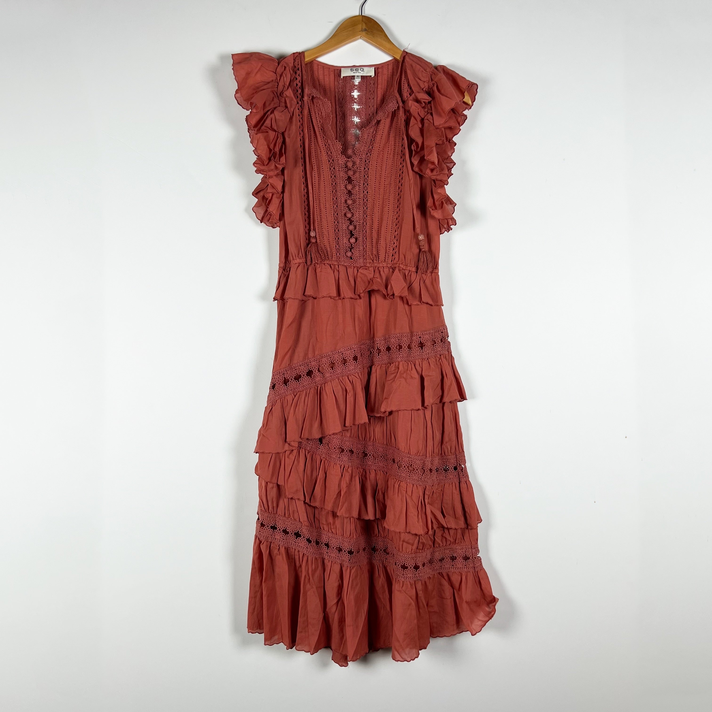 SEA New York Rosalie Crochet Pom Pom Asymmetrical Ruffle Hem Midi Dress Salmon 2