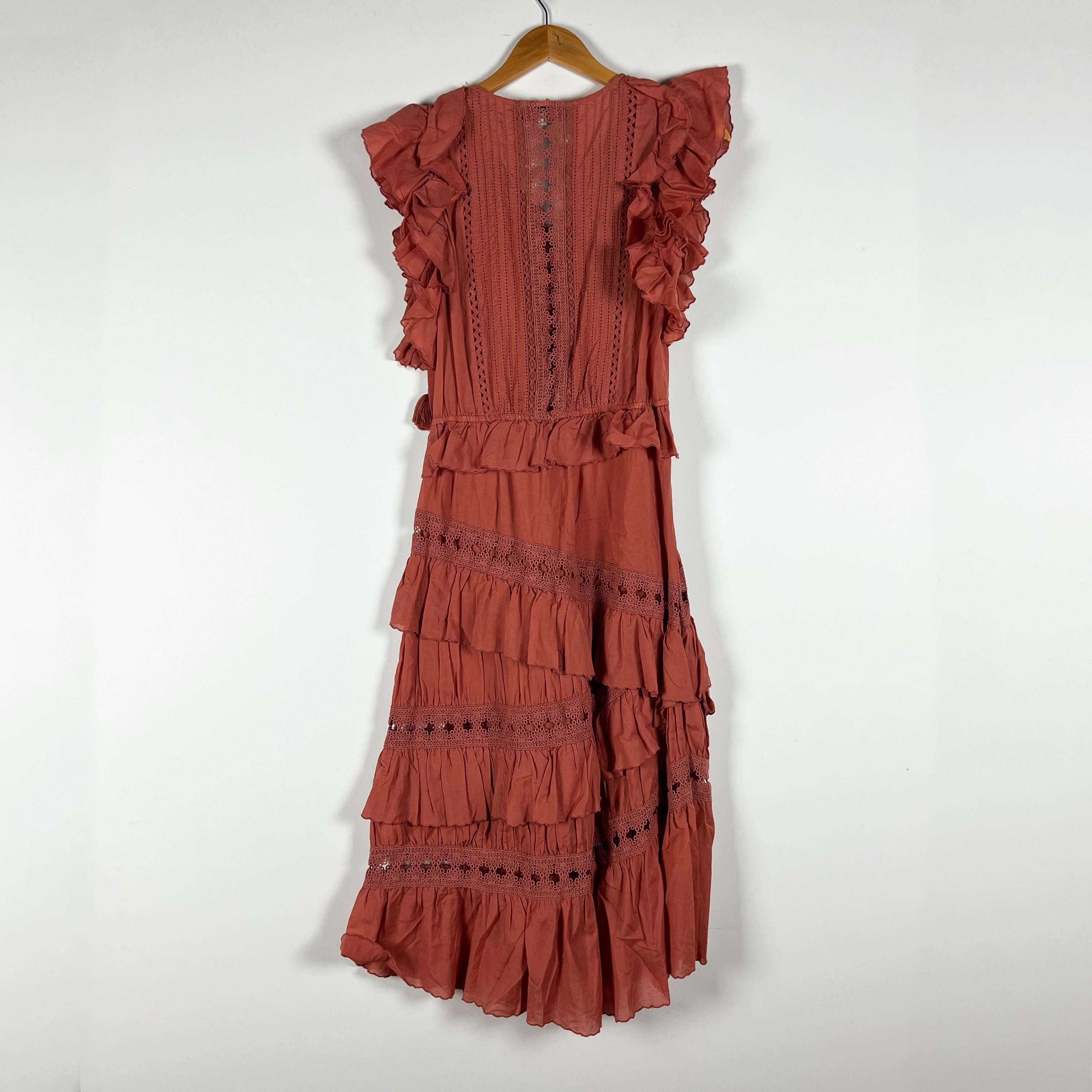 SEA New York Rosalie Crochet Pom Pom Asymmetrical Ruffle Hem Midi Dress Salmon 2