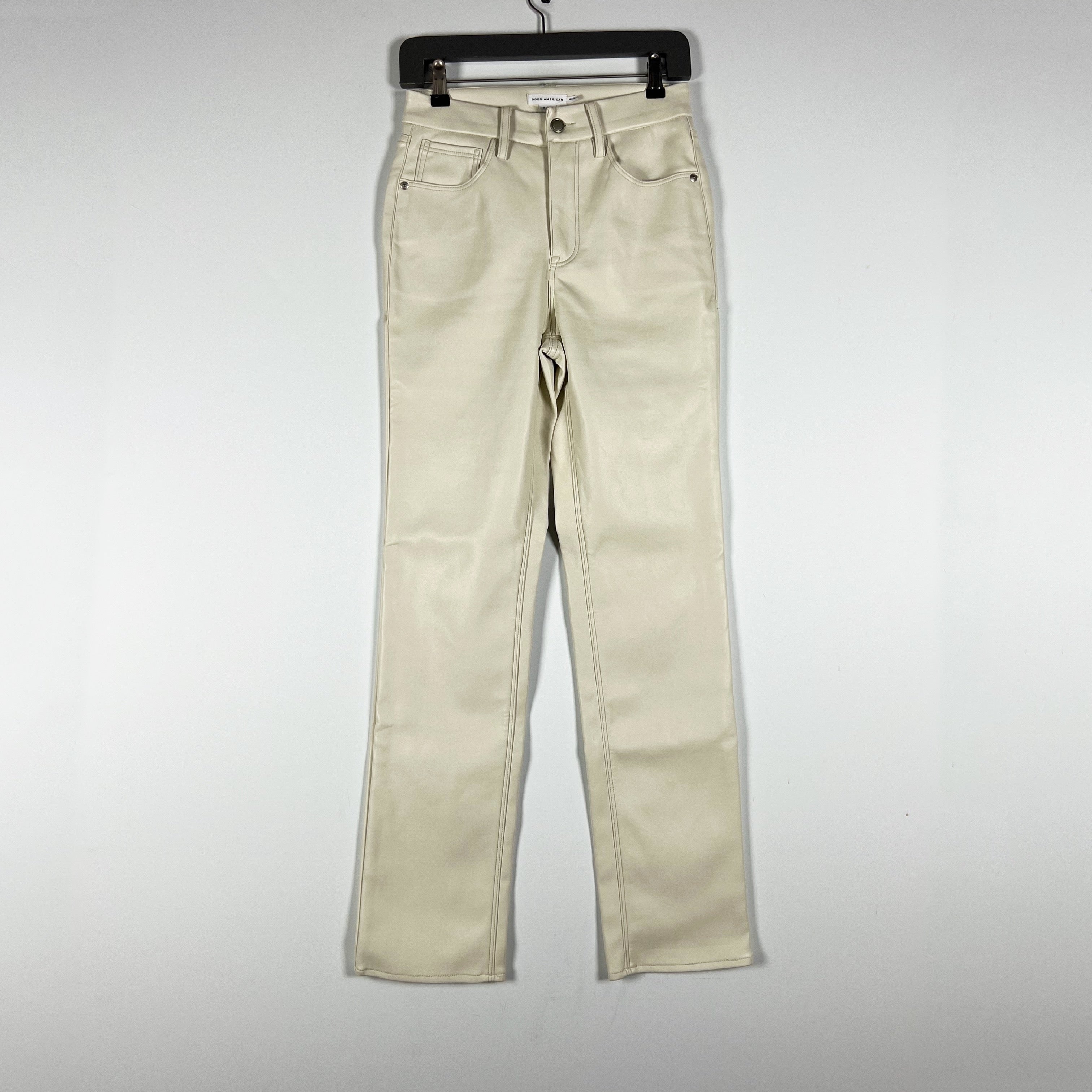 Good American Good Icon Faux Vegan Leather Straight Leg Trouser Pants Bone White
