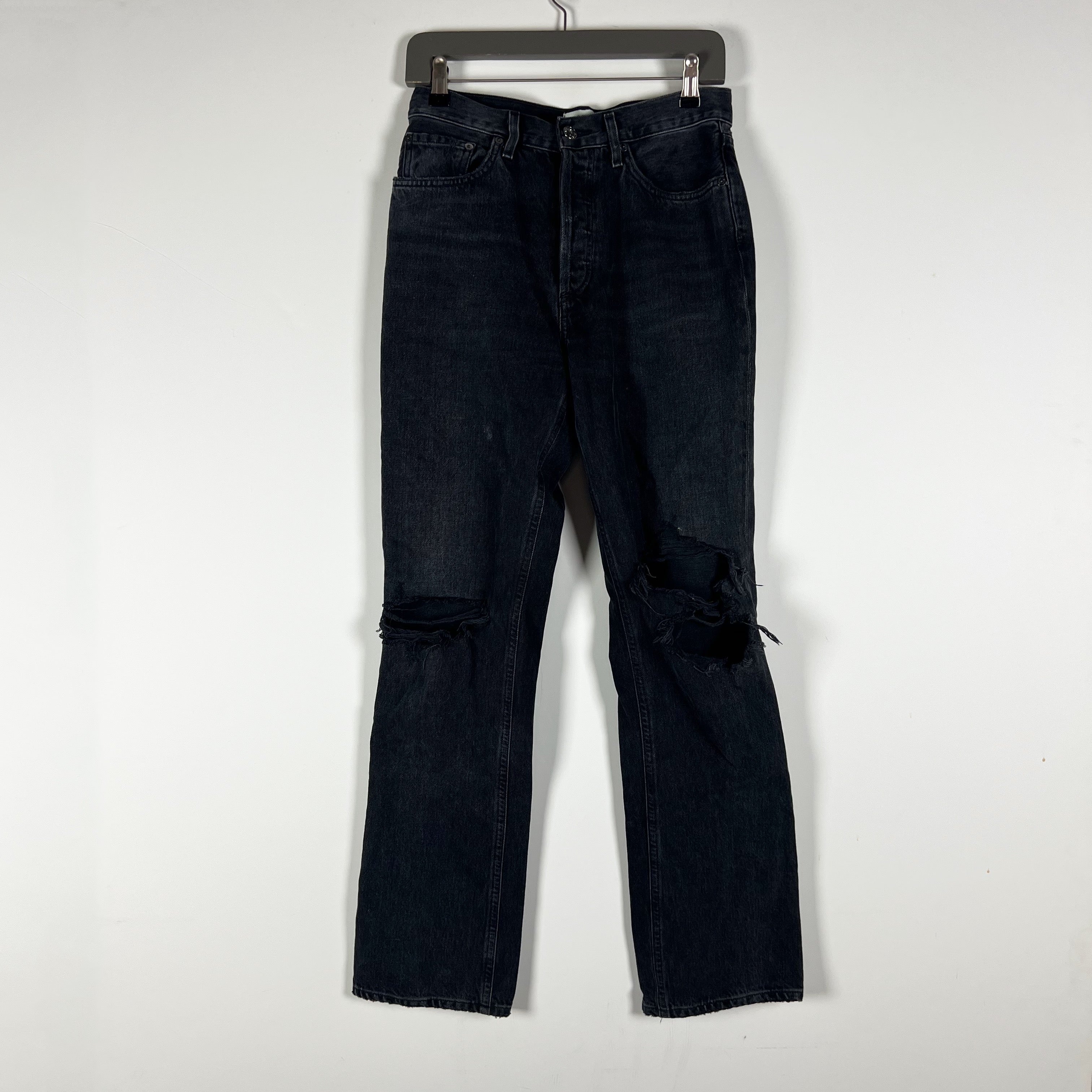 Agolde Lana Mid Rise Straight Leg Cotton Distressed Denim Jeans Black Wash 26