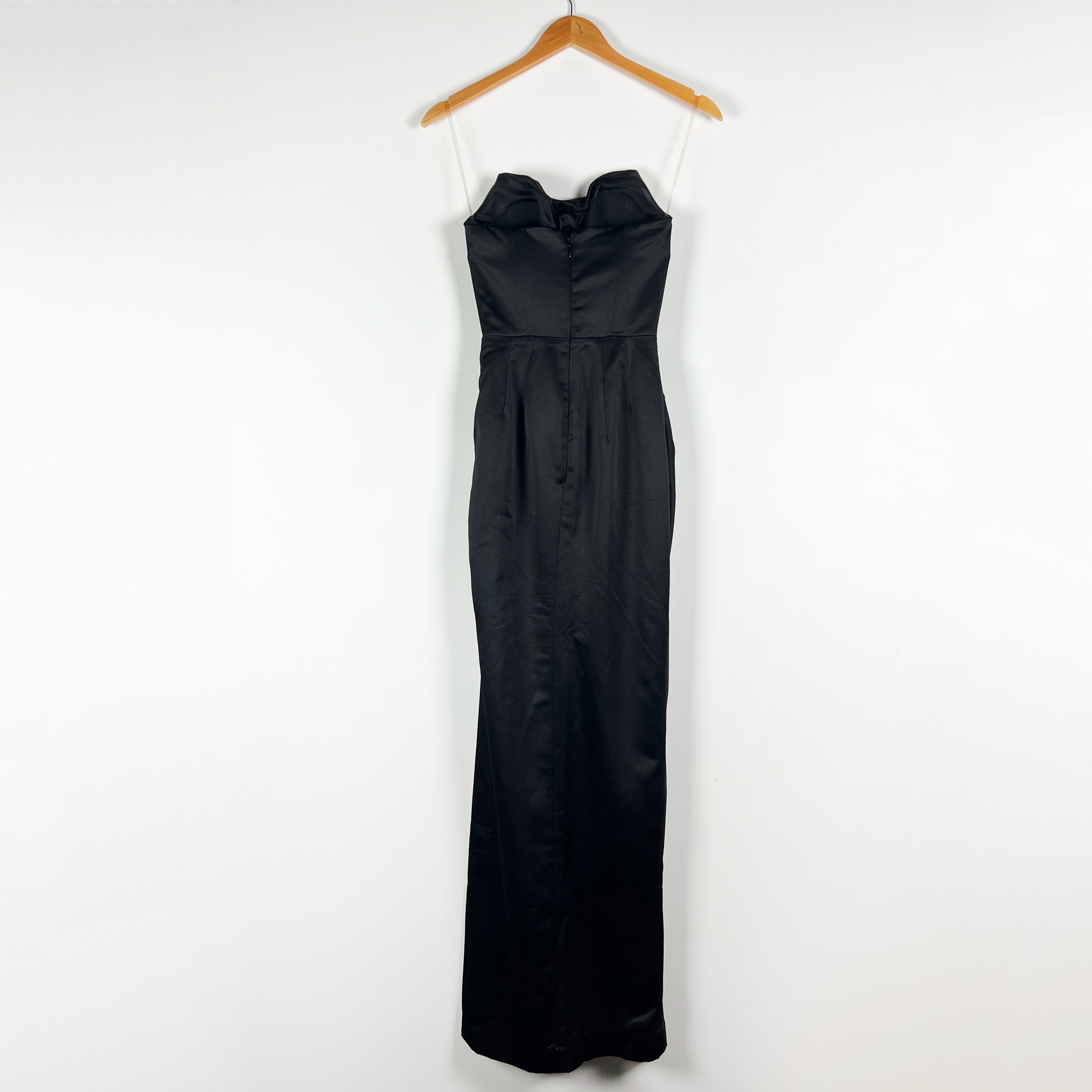 House Of CB Adrienne Strapless Draped Ruched Satin Maxi Dress Black XS
