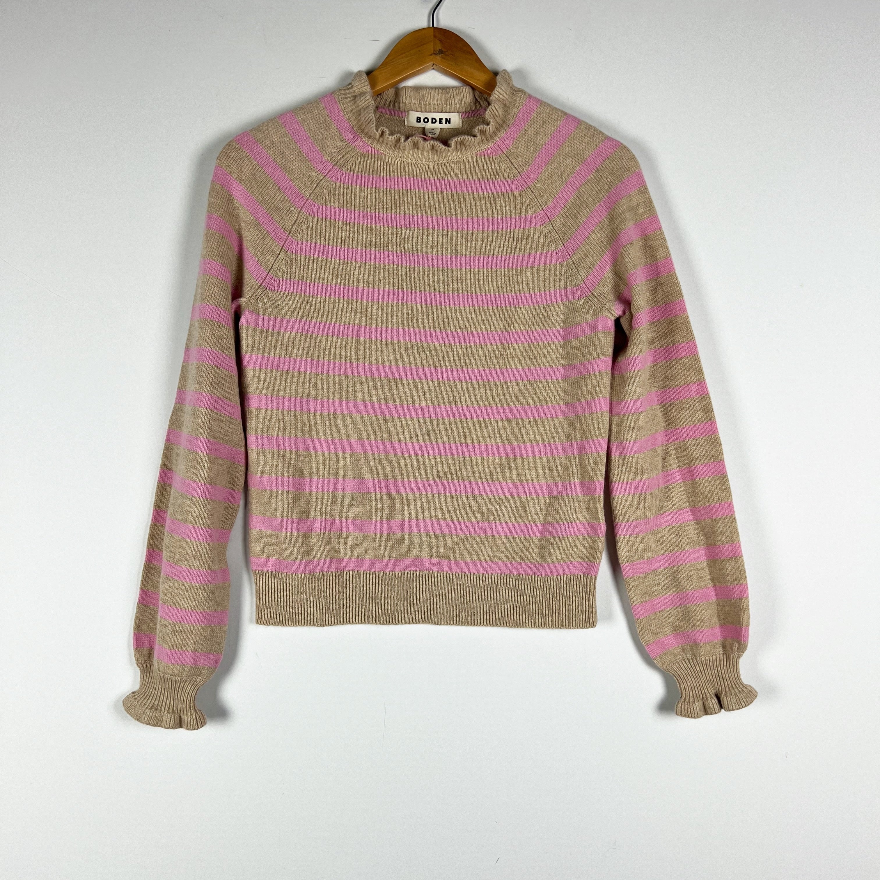 NEW Boden Fae Fair Isle Frilled Wool Blend Knit Jumper Camel Pink Stripe Print