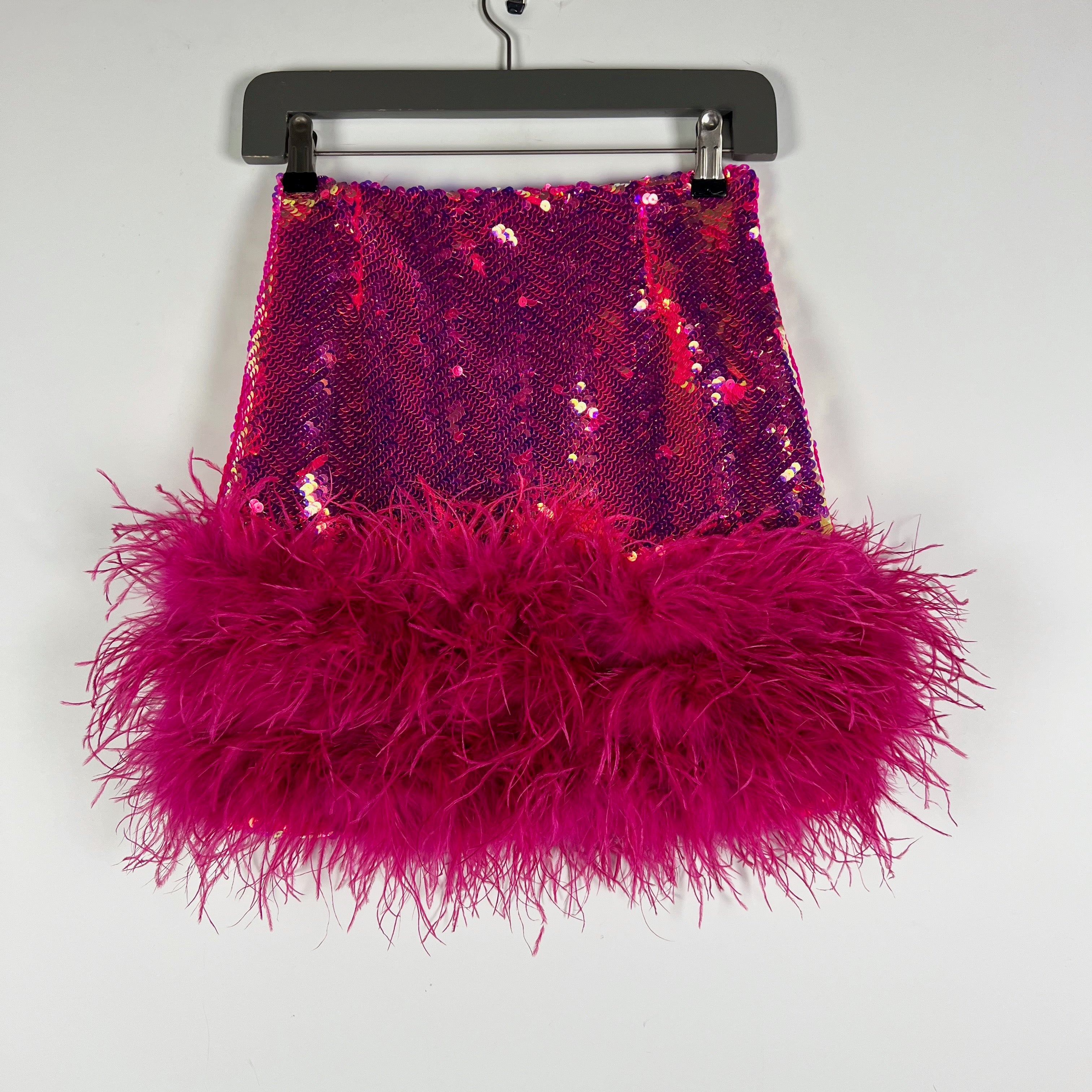 Nadine Merabi Roxy Hot Pink Sequin Sparkle Embellished Feather Trim Mini Skirt