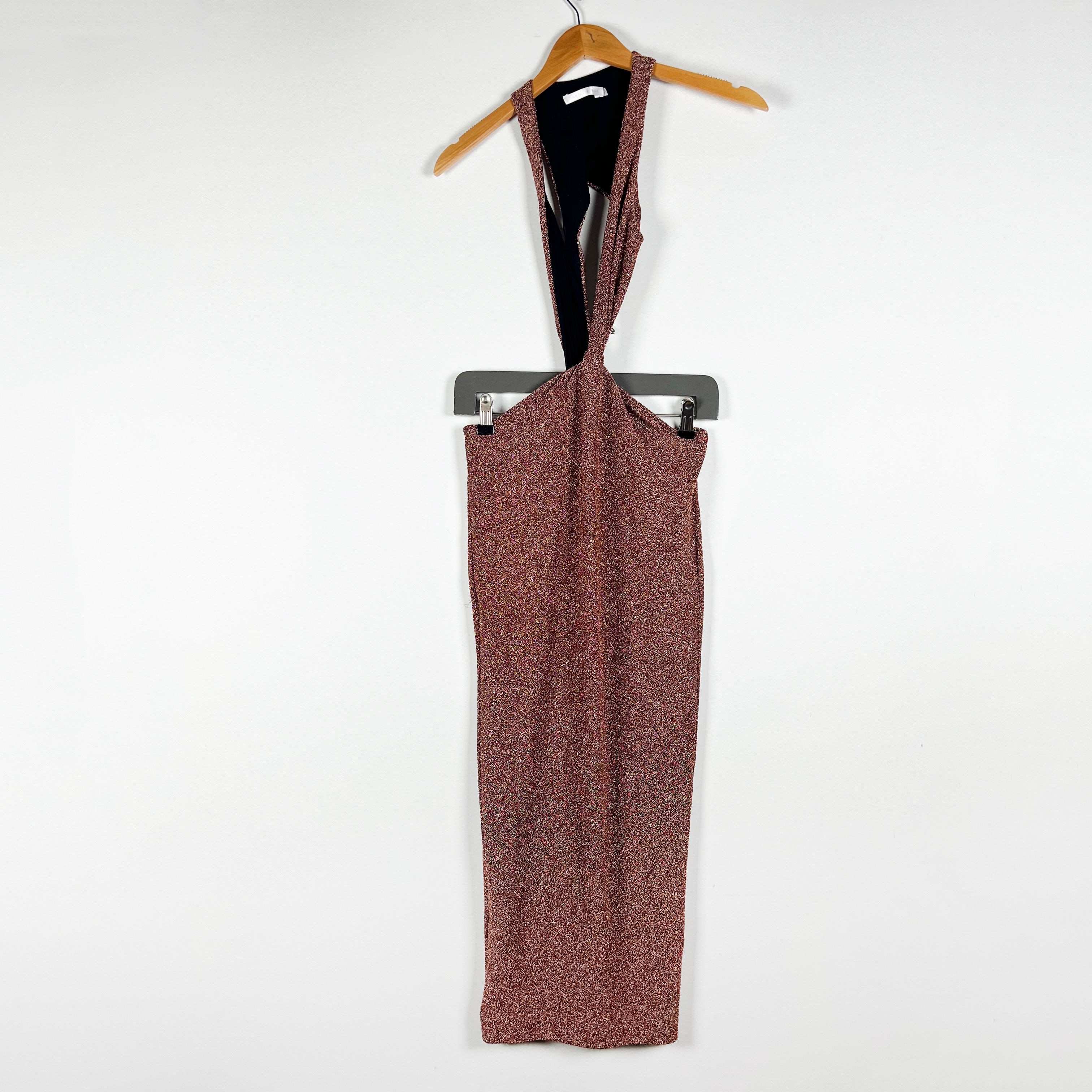 Natalie Rolt Nadia Metallic Bronze Sparkle Cut Out Stretch Bodycon Midi Dress 0