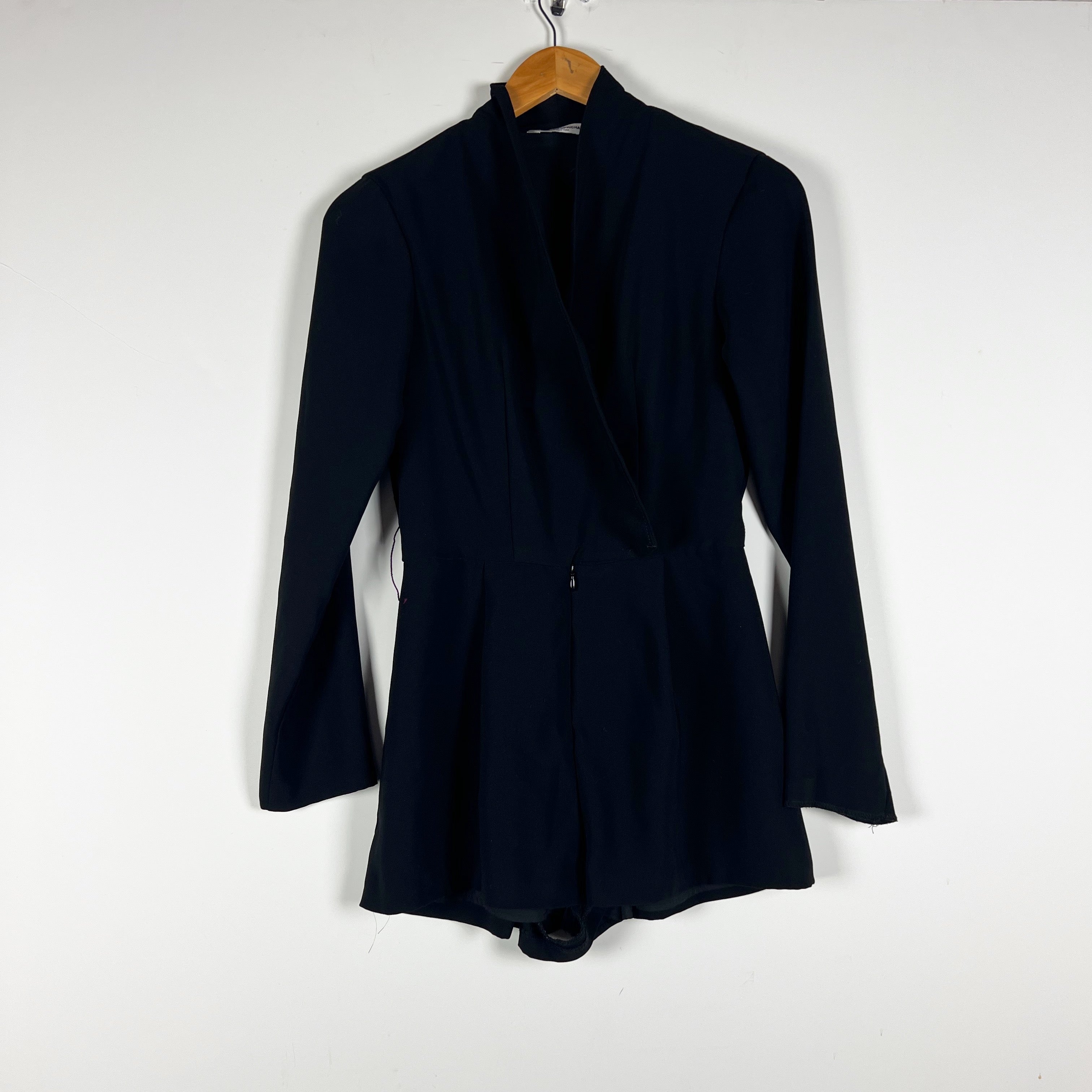 Amanda Uprichard Chiffon V Neck Faux Wrap Long Sleeve Mini Romper Playsuit Black