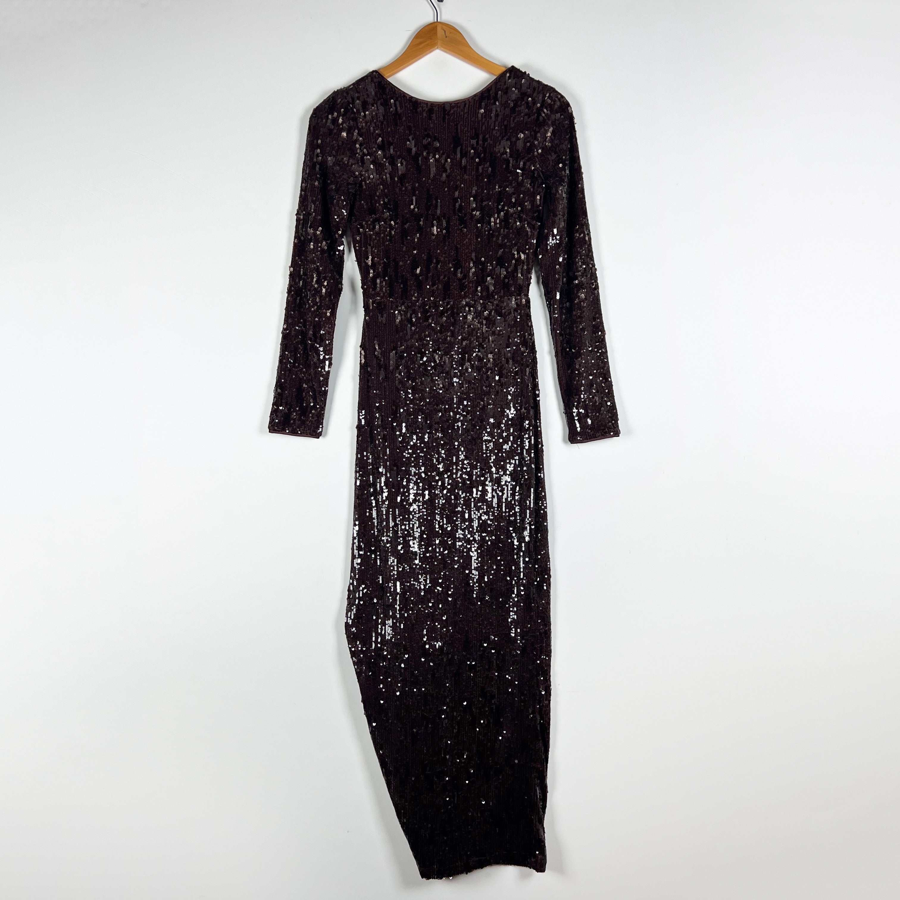 Line & Dot Sequin Sparkle Embellished Long Sleeve Tie Back Maxi Dress Brown XS