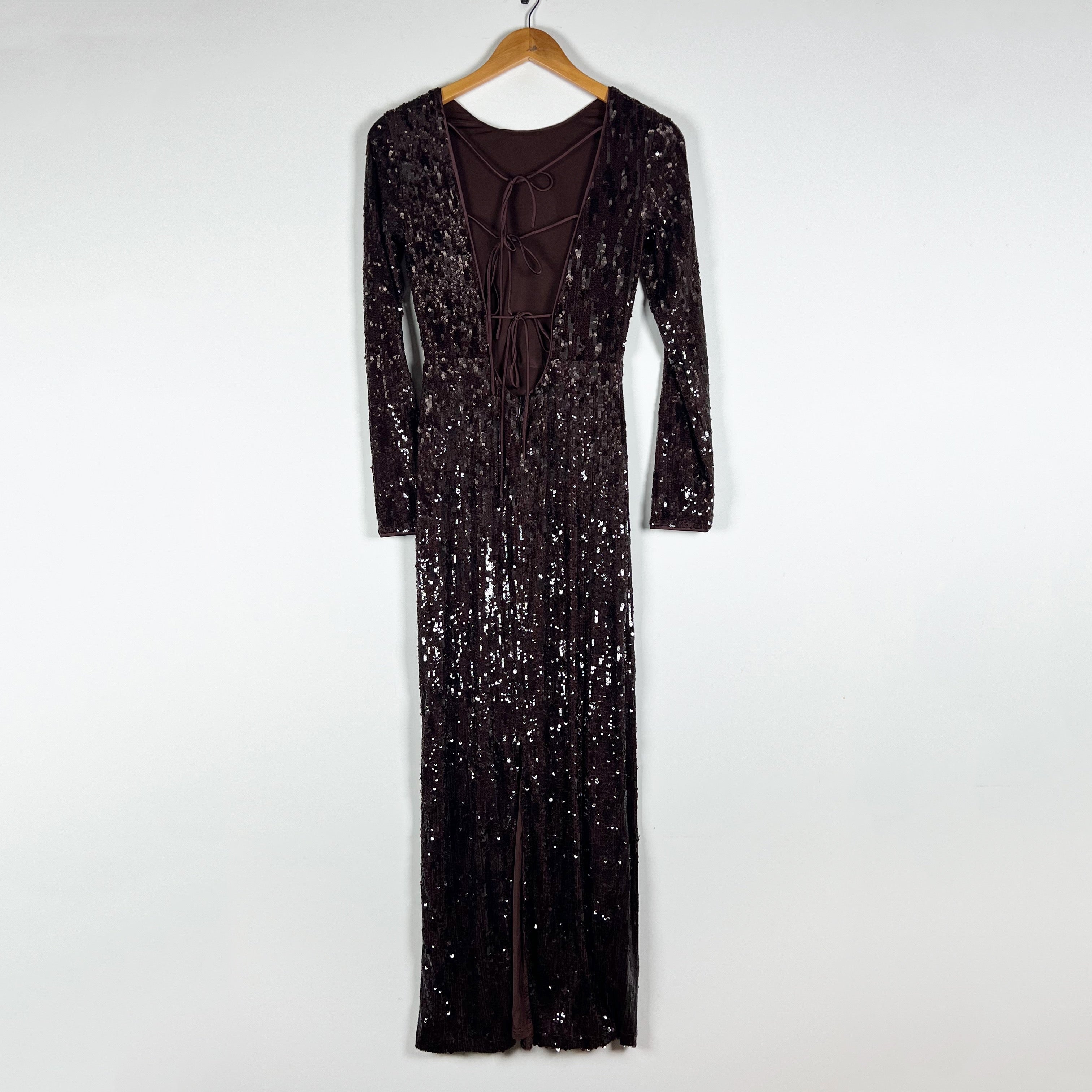 Line & Dot Sequin Sparkle Embellished Long Sleeve Tie Back Maxi Dress Brown XS