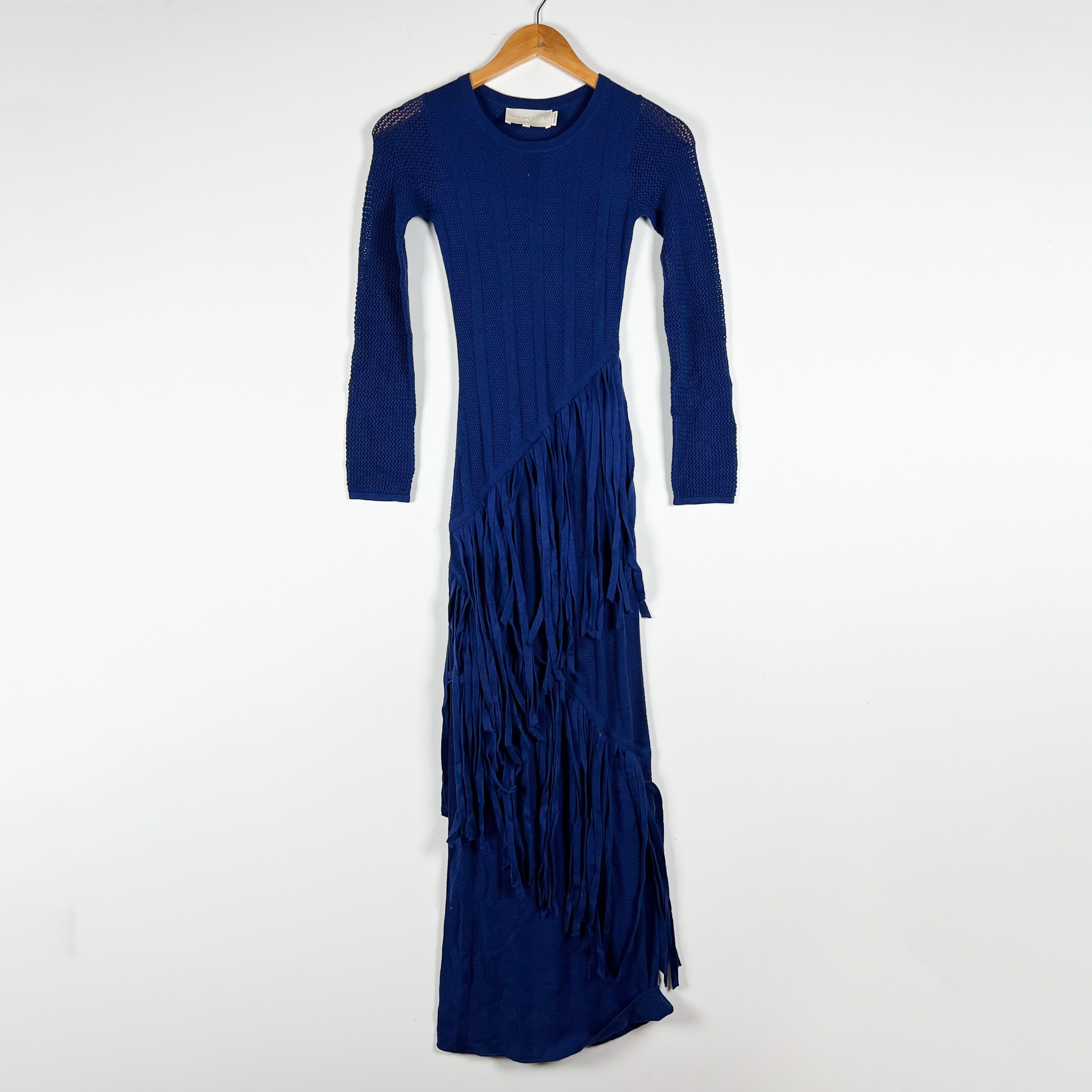Carolina K Hunter Fringed Pima Cotton Blend Knit Stretch Sweater Maxi Dress Blue