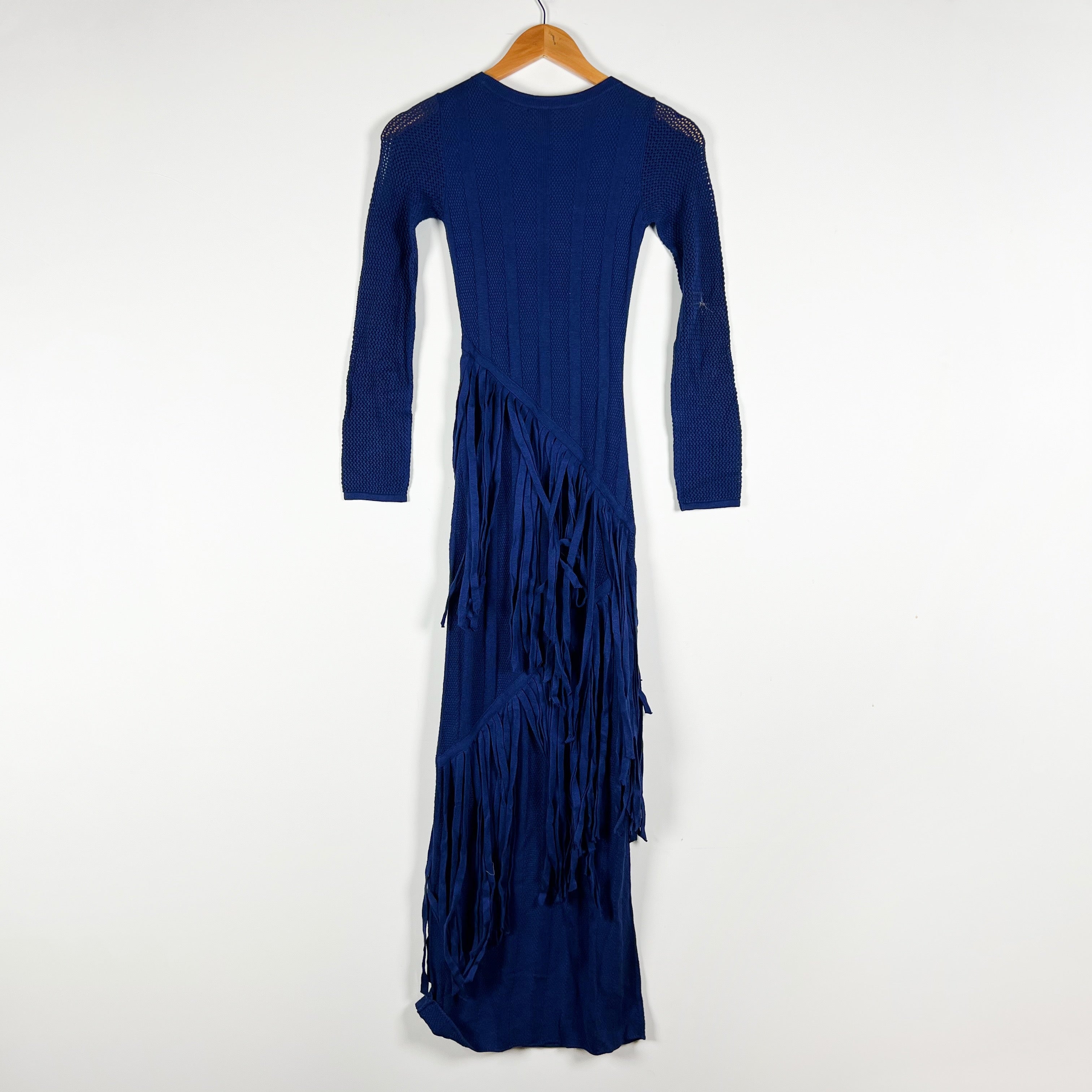 Carolina K Hunter Fringed Pima Cotton Blend Knit Stretch Sweater Maxi Dress Blue